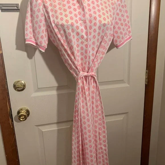 Vintage 1970s Shirt Dress Size Large Pink Fish Pattern Mid Calf Tie Waist - Picture 3 of 8